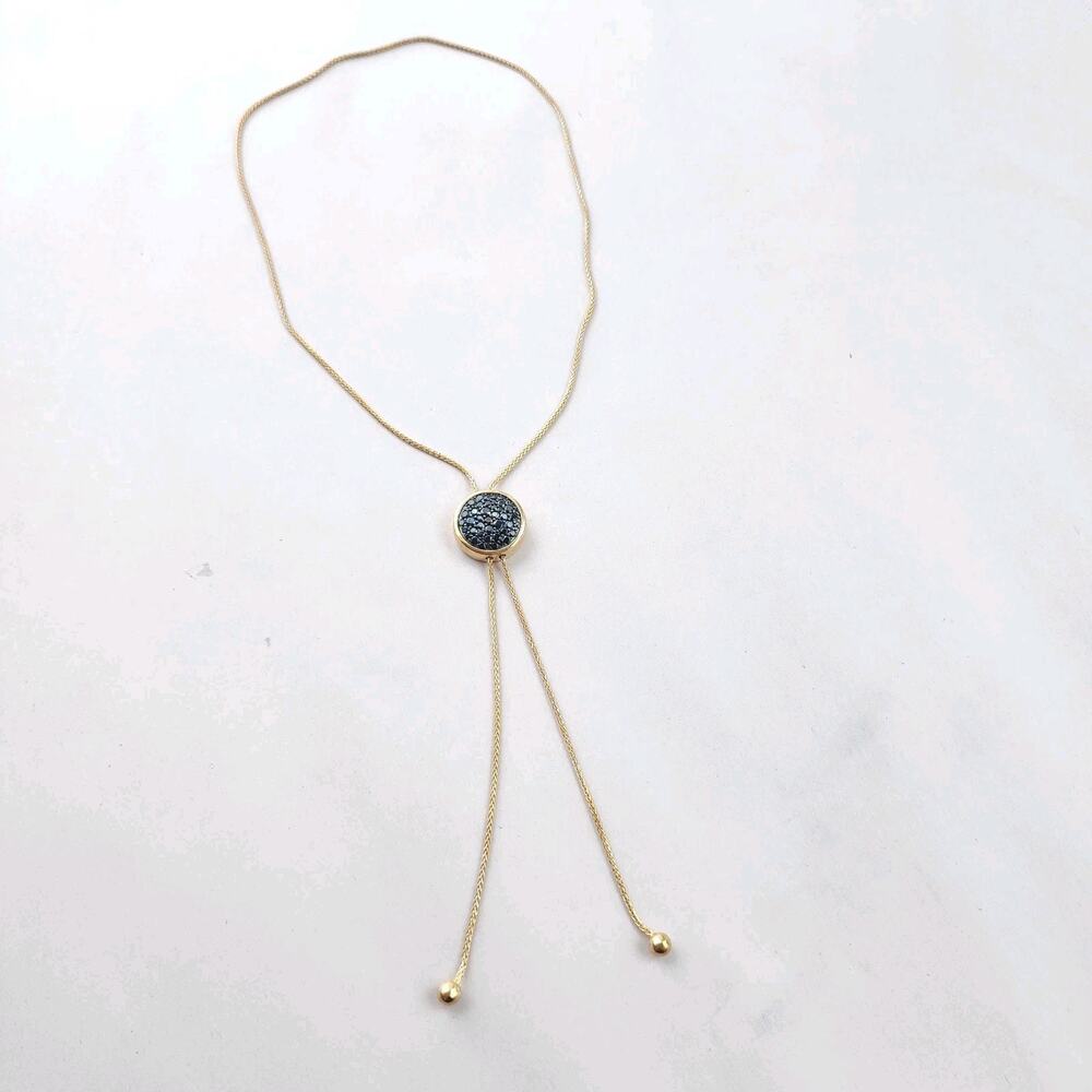 Bellezza lariat necklace ITALY 14KT Gold Plated Vintage Signed NEW Black Crystal